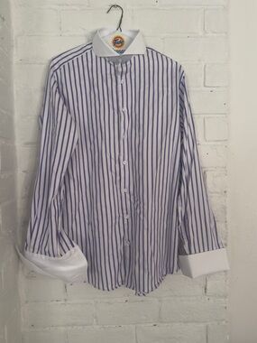 Brisk Purple White Banker Stripe French Cuff Dress Shirt 16 34/35 New